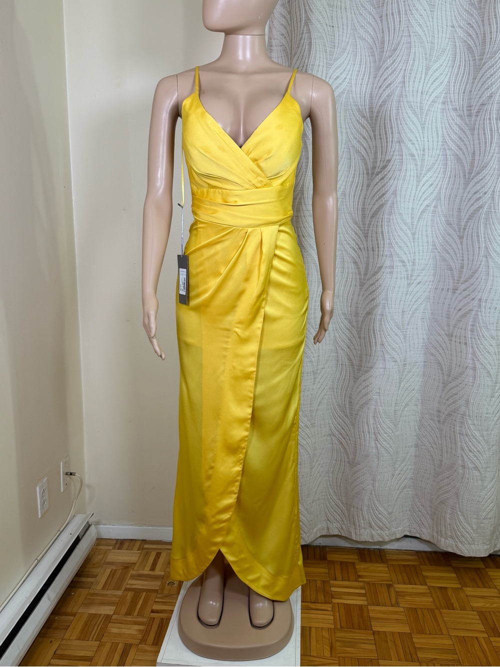Yellow Satin Wrap Maxi Dress - Classic Spaghetti Strap Evening Gown